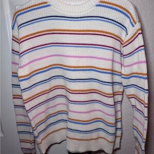POPSUGAR Cream Striped Crewneck Sweater with Blue, Pink, Gold, Maroon Stripes